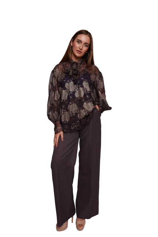 Patterned Lace Blouse with Purple Tie Detail