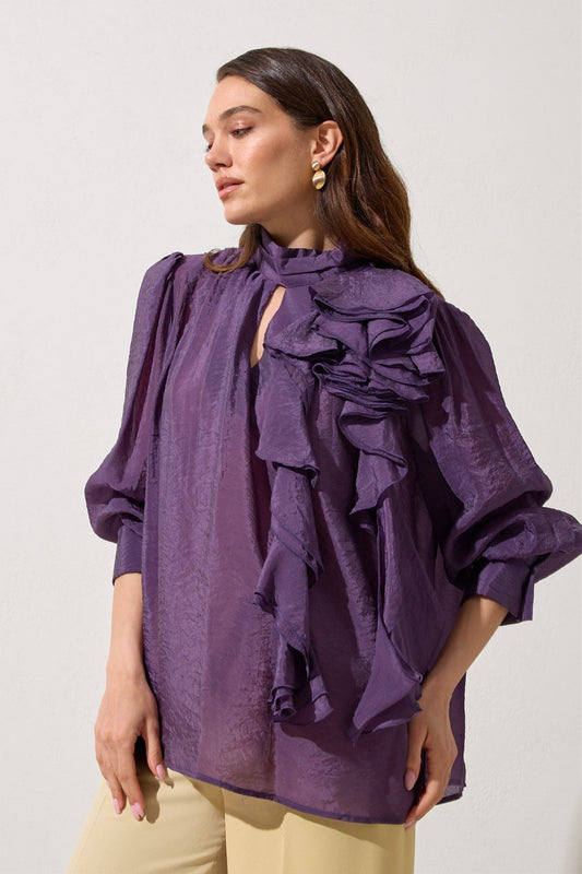 Purple shirt with ruffles