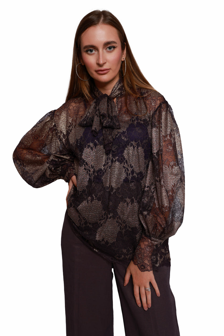 Patterned Lace Blouse with Purple Tie Detail