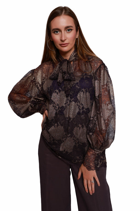 Patterned Lace Blouse with Purple Tie Detail