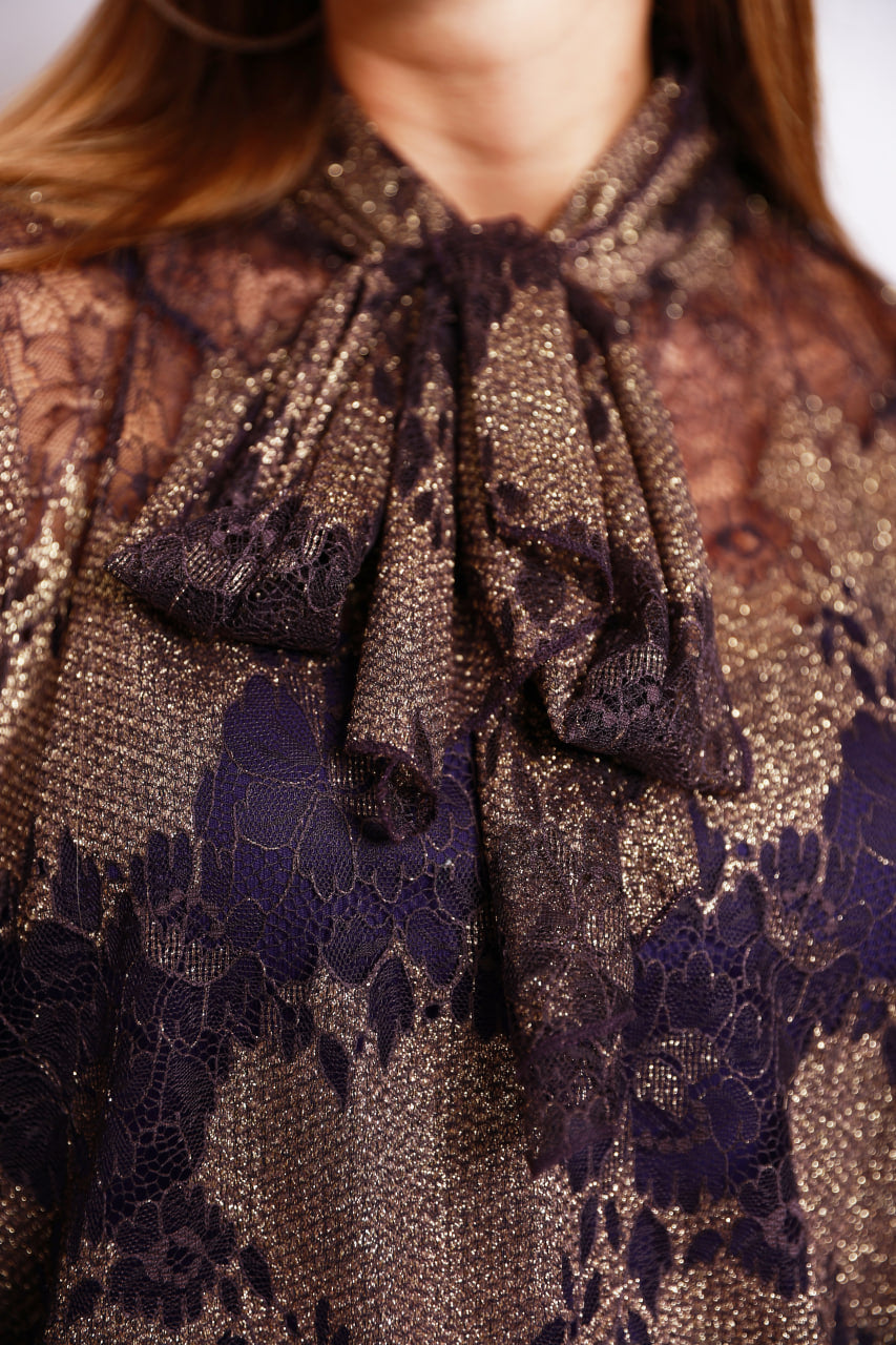 Patterned Lace Blouse with Purple Tie Detail
