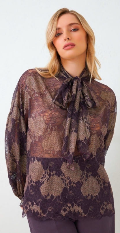 Patterned Lace Blouse with Purple Tie Detail