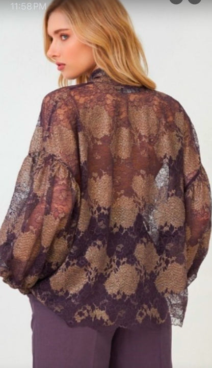 Patterned Lace Blouse with Purple Tie Detail