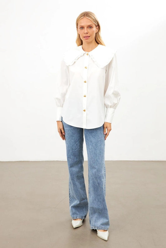 Off-White Ruffle Collar Shirt with Heart Buttons